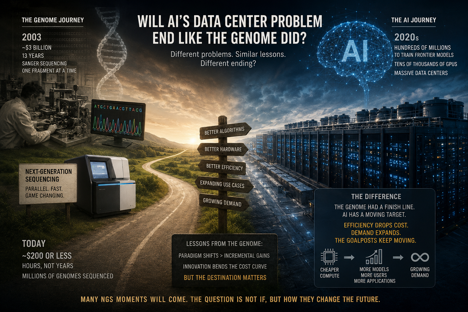 Illustration of a grill with smoke rising into a DNA helix and server racks, symbolizing the genome sequencing and AI compute comparison